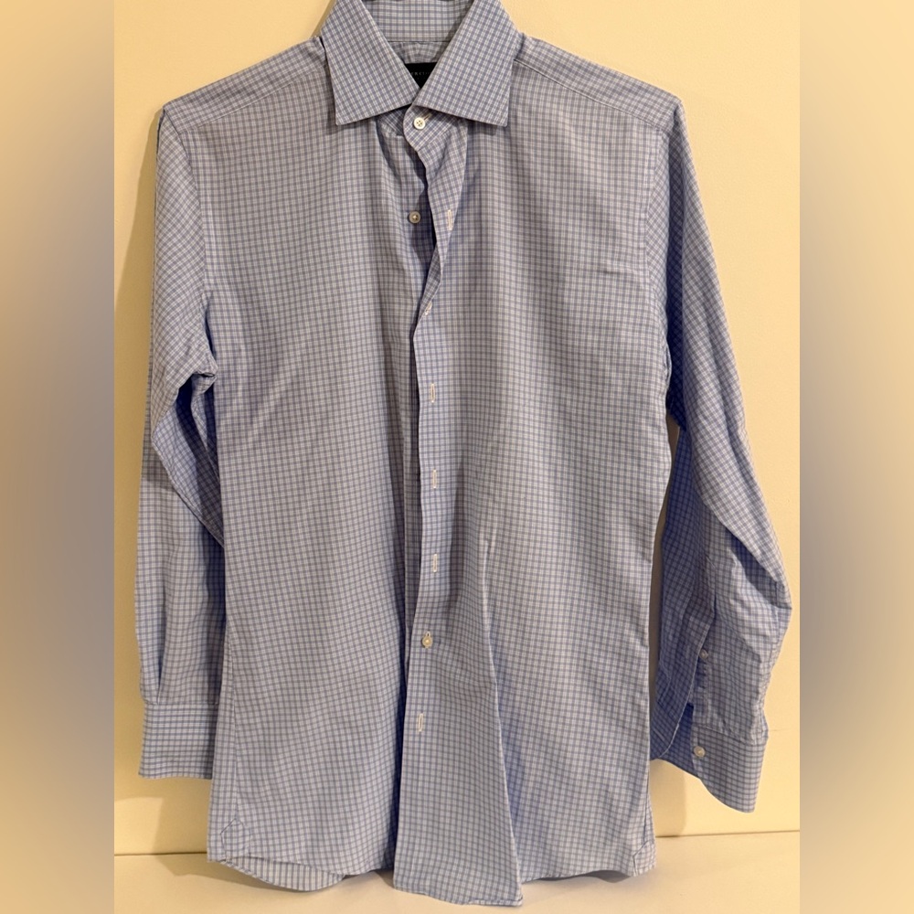 Proper Cloth Men's Light Blue Checked Dress Shirt Med. (15.75 neck, 21.5 chest)